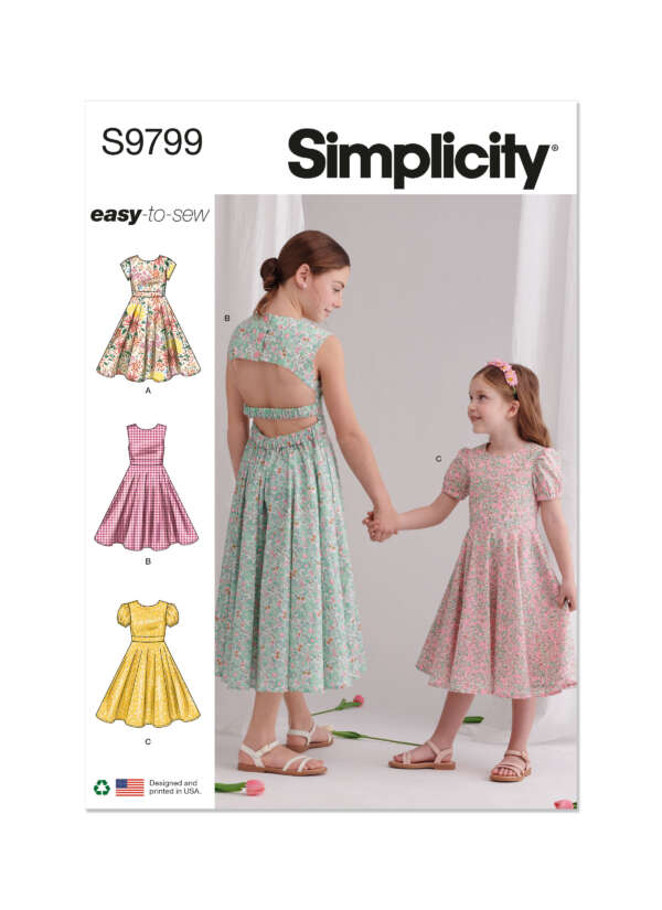 A Simplicity sewing pattern cover (S9799) labeled "easy-to-sew." It shows two girls wearing different dress styles. One wears a sleeveless, open-back dress, and the other a short-sleeve dress with a bow. Small illustrations of three dress designs (A, B, C) are on the left.