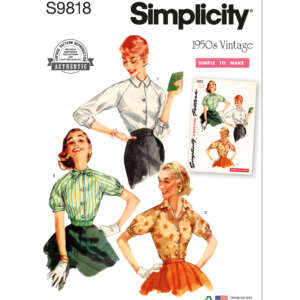 Vintage Simplicity sewing pattern S9818. Three illustrations of women modeling different 1950s style blouses: a green striped, a white button-down, and an orange floral pattern, with mid-length sleeves and collars. Label reads, "1950s Vintage, Simple to Make.
