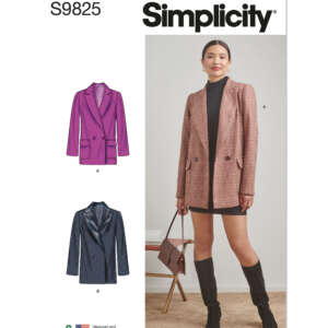 A sewing pattern envelope for Simplicity S9825 featuring a young woman wearing a pink plaid blazer over a black dress. The pattern includes designs for blazers in three styles: A (pink), B (navy blue), and the worn pink plaid version, all with notched lapels.