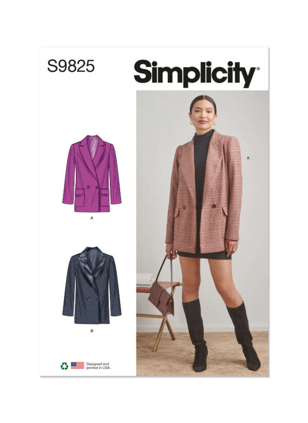 A sewing pattern envelope for Simplicity S9825 featuring a young woman wearing a pink plaid blazer over a black dress. The pattern includes designs for blazers in three styles: A (pink), B (navy blue), and the worn pink plaid version, all with notched lapels.