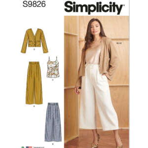 Pattern cover for Simplicity S9826. A model wears a beige jacket (view D) and white wide-legged pants (view B). Other views include a sleeveless top (view C) and long pleated pants (view A). The pattern offers various mix-and-match wardrobe pieces.