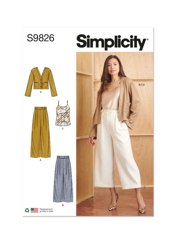 Pattern cover for Simplicity S9826. A model wears a beige jacket (view D) and white wide-legged pants (view B). Other views include a sleeveless top (view C) and long pleated pants (view A). The pattern offers various mix-and-match wardrobe pieces.