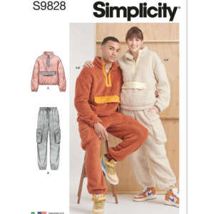 Cover of a Simplicity sewing pattern S9828 showing a man and woman in cozy lounge sets made of fleece. One set is burnt orange with yellow accents, the other is cream with light yellow accents. Additional illustrations show variations of a crop top and cargo pants.