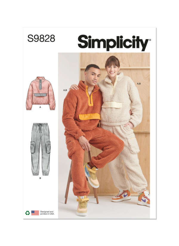 Cover of a Simplicity sewing pattern S9828 showing a man and woman in cozy lounge sets made of fleece. One set is burnt orange with yellow accents, the other is cream with light yellow accents. Additional illustrations show variations of a crop top and cargo pants.