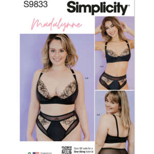Simplicity sewing pattern S9833 by Madalynne featuring models wearing black lingerie with lace details. The cover showcases views A, B, and C, and includes a QR code for a sew-along tutorial.