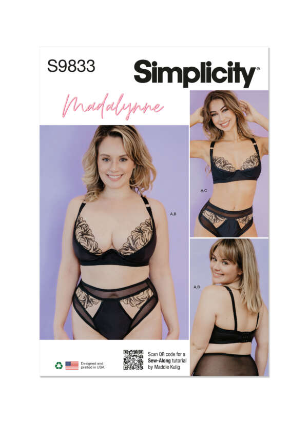 Simplicity sewing pattern S9833 by Madalynne featuring models wearing black lingerie with lace details. The cover showcases views A, B, and C, and includes a QR code for a sew-along tutorial.