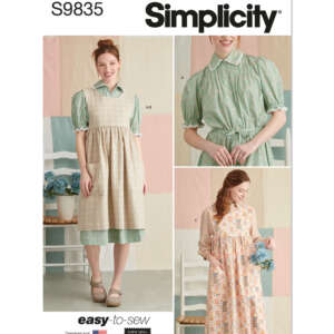 Simplicity sewing pattern S9835 cover image featuring a woman wearing three different versions of an easy-to-sew dress with puff sleeves. The dresses include a gingham apron-style, a green belted, and a floral sleeveless style.