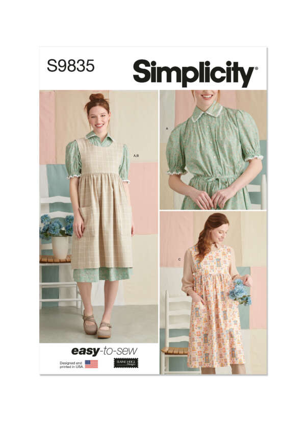 Simplicity sewing pattern S9835 cover image featuring a woman wearing three different versions of an easy-to-sew dress with puff sleeves. The dresses include a gingham apron-style, a green belted, and a floral sleeveless style.