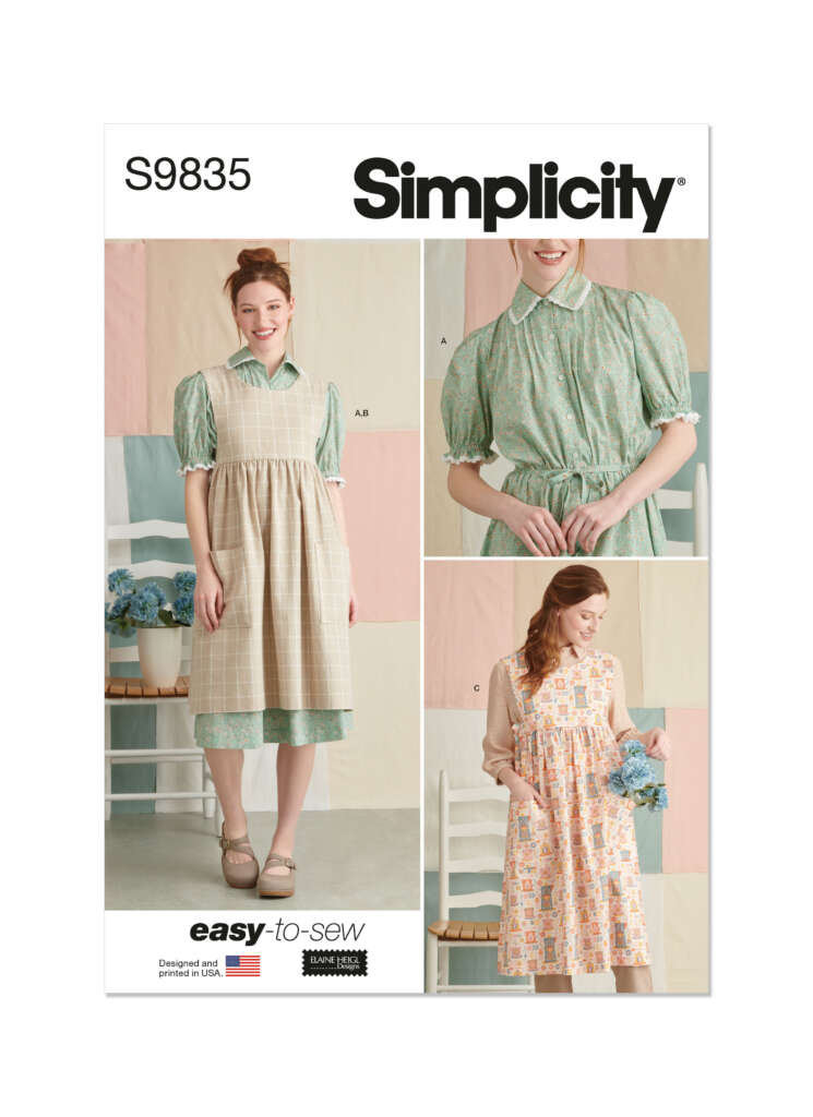 Simplicity sewing pattern S9835 cover image featuring a woman wearing three different versions of an easy-to-sew dress with puff sleeves. The dresses include a gingham apron-style, a green belted, and a floral sleeveless style.