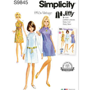 Simplicity sewing pattern envelope for 1960s vintage dresses, pattern number S9845. It features illustrations of three women in different dress styles, including a long-sleeve dress, a short-sleeve dress, and a sleeveless dress, emphasizing an easy-to-sew design.