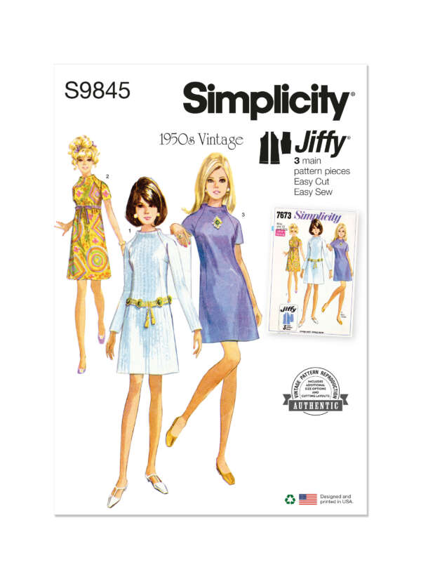 Simplicity sewing pattern envelope for 1960s vintage dresses, pattern number S9845. It features illustrations of three women in different dress styles, including a long-sleeve dress, a short-sleeve dress, and a sleeveless dress, emphasizing an easy-to-sew design.