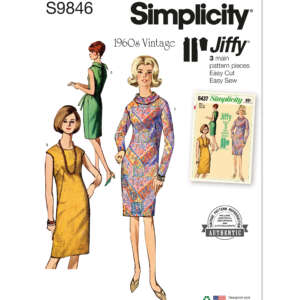 Vintage sewing pattern showcasing three 1960s women’s dress designs from Simplicity's "Jiffy" collection. The cover displays illustrations of two sleeveless sheath dresses and one long-sleeved dress with a high neckline. The pattern number S9846 is printed at the top.