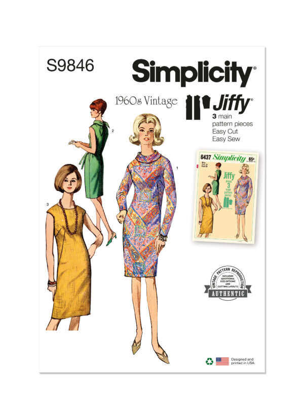 Vintage sewing pattern showcasing three 1960s women’s dress designs from Simplicity's "Jiffy" collection. The cover displays illustrations of two sleeveless sheath dresses and one long-sleeved dress with a high neckline. The pattern number S9846 is printed at the top.