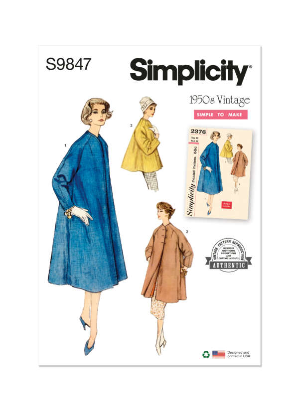 A 1950s vintage Simplicity sewing pattern packet with three illustrated women modeling loose-fitting coats. The coats come in blue, mustard yellow, and brown. The packet is labeled "Simplicity S9847" and "Simple To Make." A small inset of the original pattern is included.