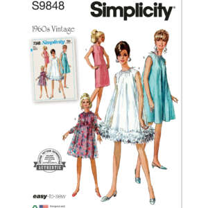 1960s vintage sewing pattern S9848 from Simplicity. The pattern showcases four women in different sleeveless dresses: one white with tulle at the hem, one blue, one pink floral, and one white and blue plaid. The dresses range from knee to mid-thigh length.