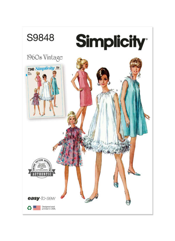 1960s vintage sewing pattern S9848 from Simplicity. The pattern showcases four women in different sleeveless dresses: one white with tulle at the hem, one blue, one pink floral, and one white and blue plaid. The dresses range from knee to mid-thigh length.