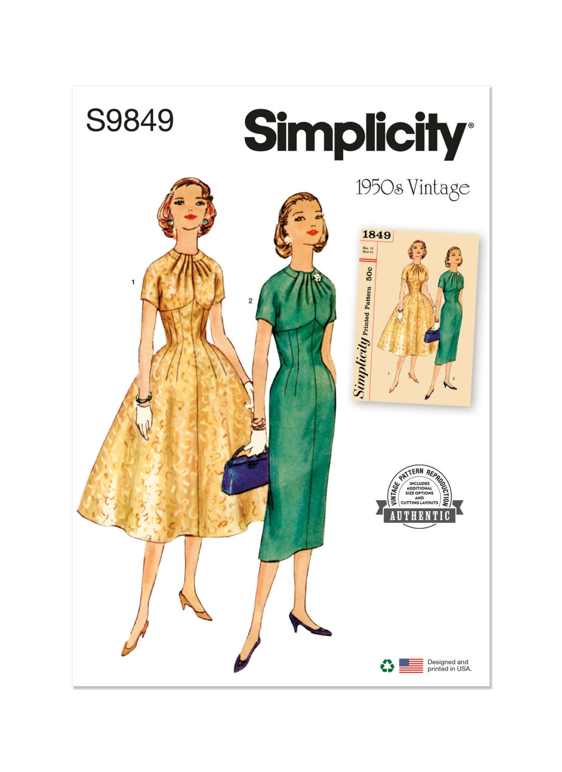 A vintage sewing pattern cover features two women's dresses: one in a yellow floral print with short sleeves and a full skirt, the other in a green fabric with short sleeves and a straight skirt. Both dresses have high necklines. The text reads "Simplicity 1950s Vintage.