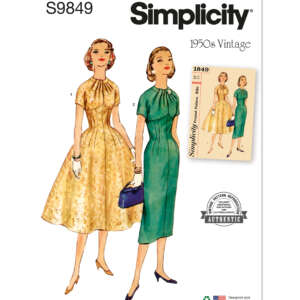 A vintage sewing pattern cover features two women's dresses: one in a yellow floral print with short sleeves and a full skirt, the other in a green fabric with short sleeves and a straight skirt. Both dresses have high necklines. The text reads "Simplicity 1950s Vintage.