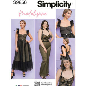 The image is a Simplicity sewing pattern cover (S9850) titled "Madalynne." It features three outfits with various views (A, B, C) on models. Styles include a dotted tulle dress, shimmering top and pants, and a top with sheer ruffled straps. Patterns shown front and back.