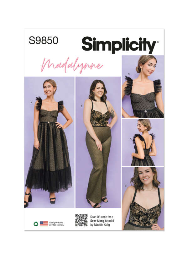 The image is a Simplicity sewing pattern cover (S9850) titled "Madalynne." It features three outfits with various views (A, B, C) on models. Styles include a dotted tulle dress, shimmering top and pants, and a top with sheer ruffled straps. Patterns shown front and back.