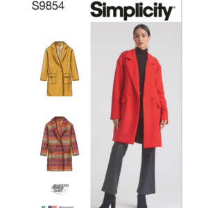 Image of a Simplicity sewing pattern cover labeled "S9854." It displays a woman wearing a red coat over a black outfit, including pants and boots. Illustrated versions of the coat are shown in mustard yellow and plaid. The pattern is designed and printed in the USA.