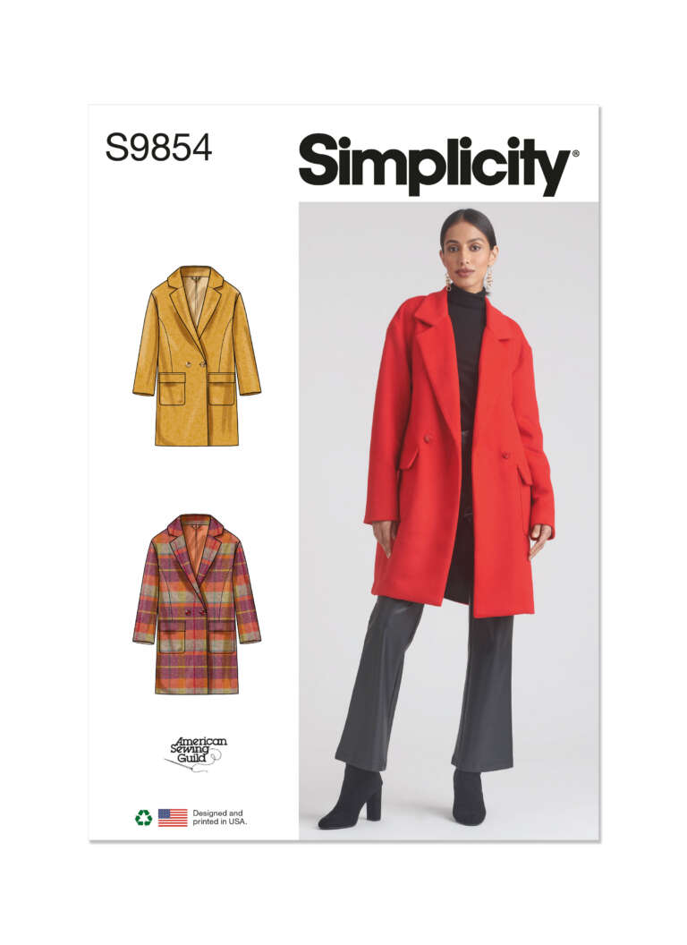 Image of a Simplicity sewing pattern cover labeled "S9854." It displays a woman wearing a red coat over a black outfit, including pants and boots. Illustrated versions of the coat are shown in mustard yellow and plaid. The pattern is designed and printed in the USA.