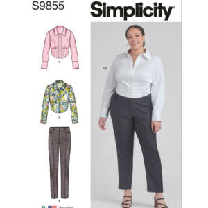 Image of a Simplicity sewing pattern S9855 package. It shows a woman wearing a white shirt and gray pants. The pattern includes designs for long-sleeved shirts (one solid, one floral) and fitted pants. The text reads "Designed and printed in USA" and displays a recycling symbol.