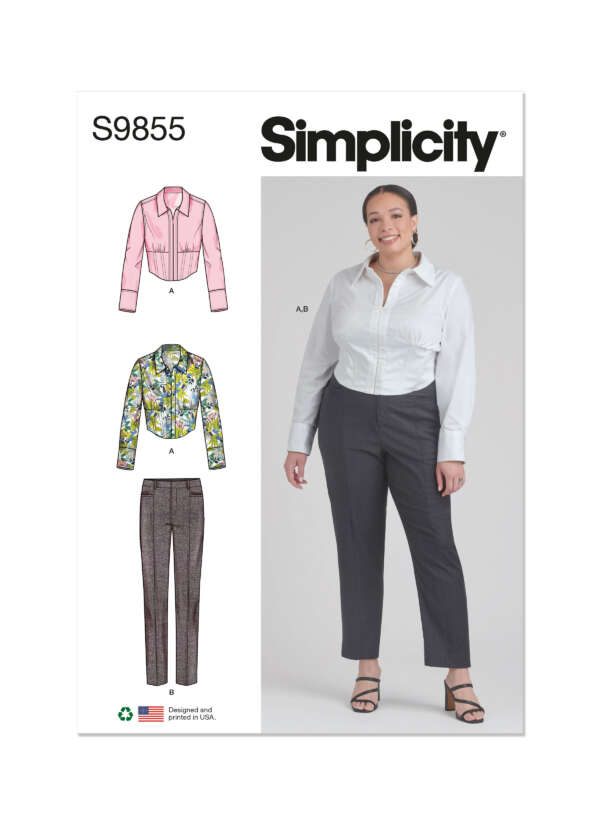 Image of a Simplicity sewing pattern S9855 package. It shows a woman wearing a white shirt and gray pants. The pattern includes designs for long-sleeved shirts (one solid, one floral) and fitted pants. The text reads "Designed and printed in USA" and displays a recycling symbol.