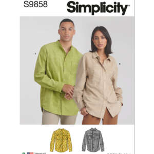 Simplicity sewing pattern S9858 cover showing a man and woman wearing casual long-sleeve shirts with button fronts. The man wears a green shirt labeled as view A, and the woman wears a beige shirt labeled as view B. Additional small images of the shirts are below.