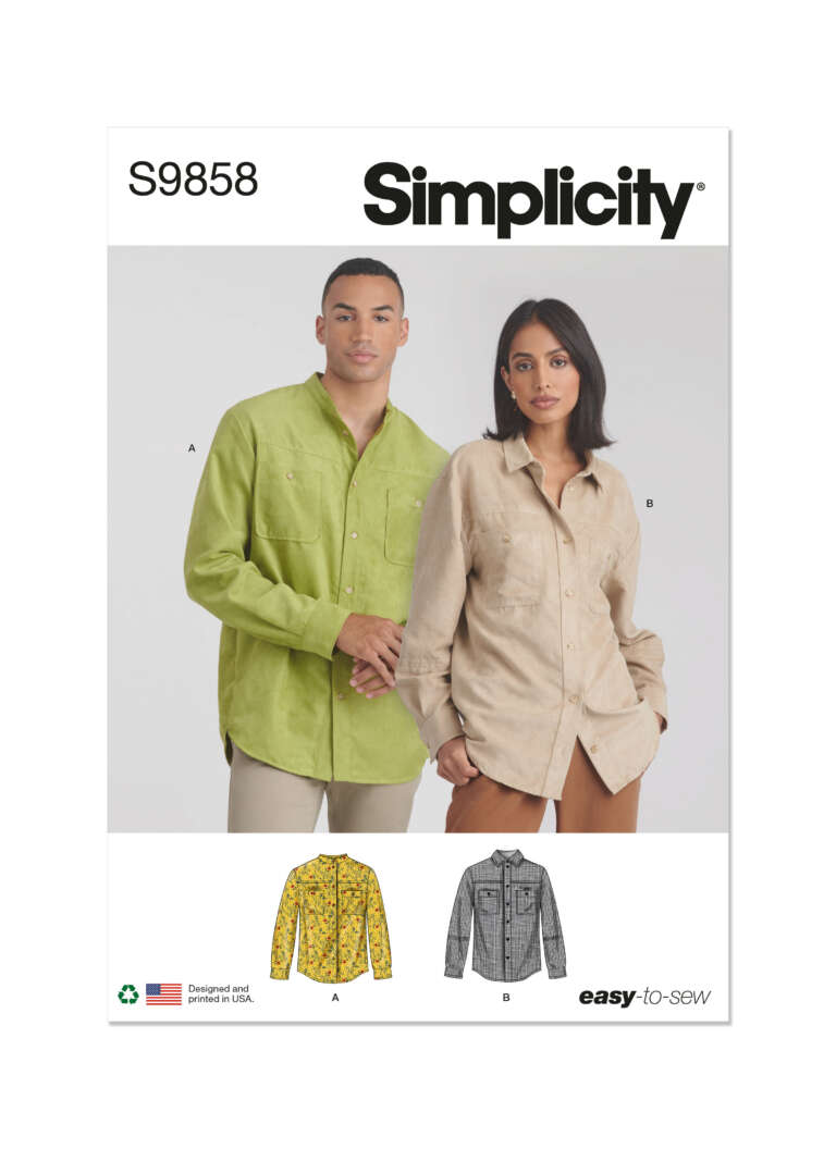 Simplicity sewing pattern S9858 cover showing a man and woman wearing casual long-sleeve shirts with button fronts. The man wears a green shirt labeled as view A, and the woman wears a beige shirt labeled as view B. Additional small images of the shirts are below.