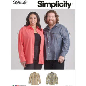 A sewing pattern cover with "Simplicity S9859" at the top. It shows two people, one wearing a coral button-up shirt (labeled A) and the other in a blue button-up shirt (labeled B). Below are illustrations of the shirts in a mustard striped pattern and floral design.