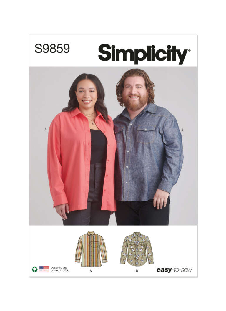 A sewing pattern cover with "Simplicity S9859" at the top. It shows two people, one wearing a coral button-up shirt (labeled A) and the other in a blue button-up shirt (labeled B). Below are illustrations of the shirts in a mustard striped pattern and floral design.