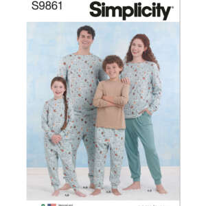 Cover image of a Simplicity sewing pattern S9861 for family pajama sets. The image shows two adults and two children wearing matching pajama sets with playful patterns. The text "easy-to-sew" and "Designed and printed in USA" appears at the bottom.