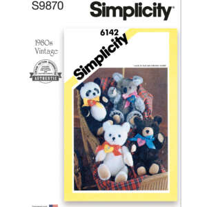 Sewing pattern cover for Simplicity 6142, titled "1980s Vintage." It shows four plush teddy bears with different colored bows seated on a wicker chair. The package indicates it is authentic and made in the USA, with pattern number S9870.