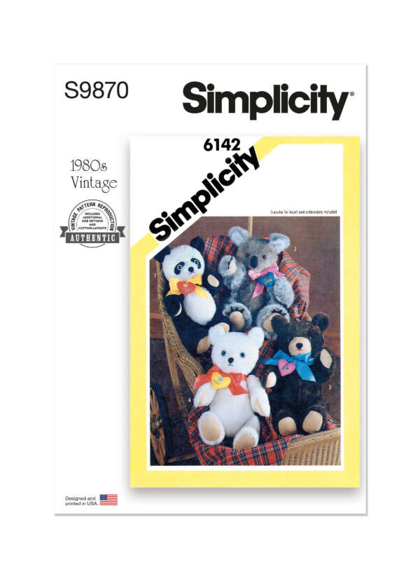 Sewing pattern cover for Simplicity 6142, titled "1980s Vintage." It shows four plush teddy bears with different colored bows seated on a wicker chair. The package indicates it is authentic and made in the USA, with pattern number S9870.