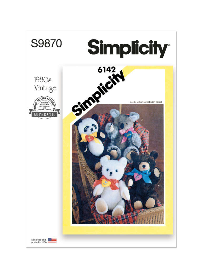 Sewing pattern cover for Simplicity 6142, titled "1980s Vintage." It shows four plush teddy bears with different colored bows seated on a wicker chair. The package indicates it is authentic and made in the USA, with pattern number S9870.