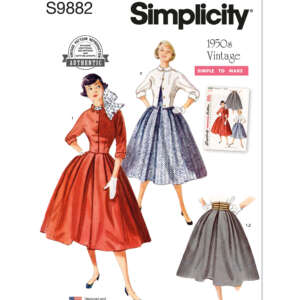 A sewing pattern cover for Simplicity 1950s Vintage S9882. It features illustrations of three women wearing different vintage-style dresses. One is in a red dress and coat, another in a white blouse with a patterned skirt, and the third in a gray skirt.