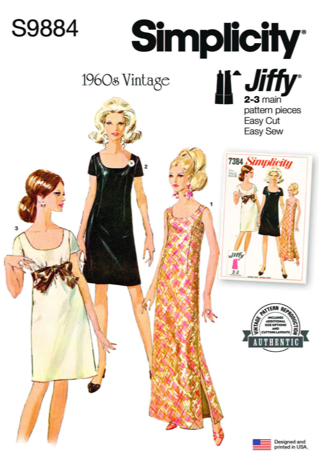 Vintage sewing pattern cover for Simplicity S9884 featuring three women's dresses from the 1960s. One model wears a short dress with a bow, another a knee-length dress, and a third an ankle-length patterned dress. The text highlights "Jiffy" for easy cut and sew.