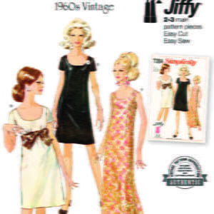 Vintage sewing pattern cover for Simplicity S9884 featuring three women's dresses from the 1960s. One model wears a short dress with a bow, another a knee-length dress, and a third an ankle-length patterned dress. The text highlights "Jiffy" for easy cut and sew.