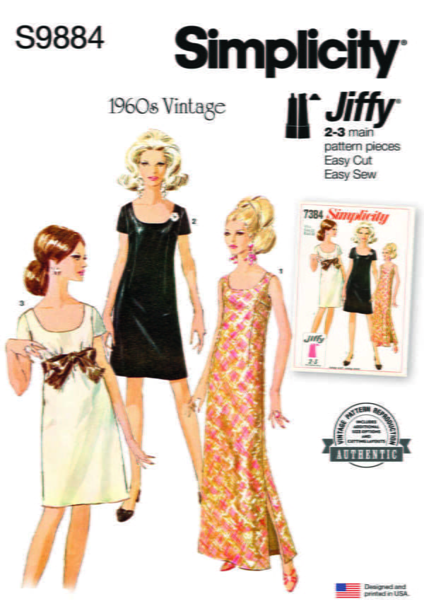 Vintage sewing pattern cover for Simplicity S9884 featuring three women's dresses from the 1960s. One model wears a short dress with a bow, another a knee-length dress, and a third an ankle-length patterned dress. The text highlights "Jiffy" for easy cut and sew.