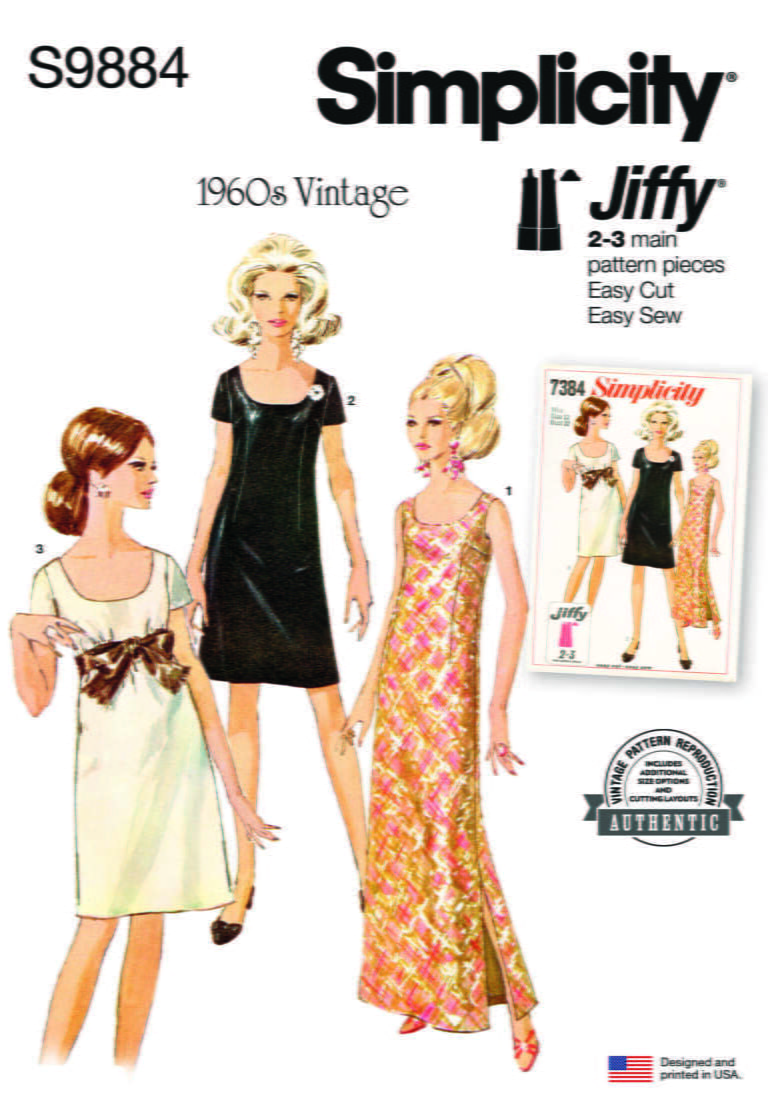 Vintage sewing pattern cover for Simplicity S9884 featuring three women's dresses from the 1960s. One model wears a short dress with a bow, another a knee-length dress, and a third an ankle-length patterned dress. The text highlights "Jiffy" for easy cut and sew.