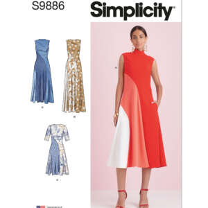 Cover image of Simplicity sewing pattern S9886, featuring a woman wearing a sleeveless color-blocked dress with a high neckline. Three illustrated variations of the dress are shown on the left: sleeveless with a flowing skirt, sleeveless with a patterned design, and with three-quarter sleeves.