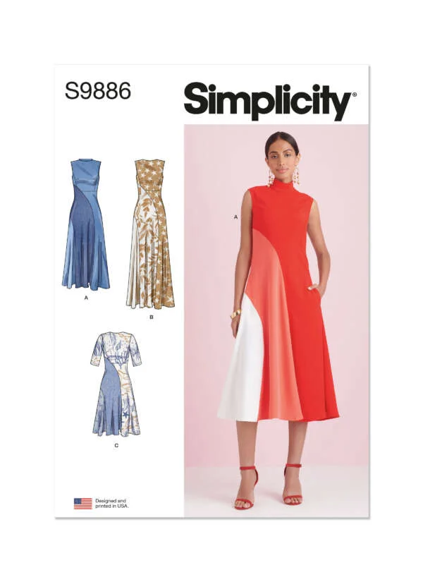 Cover image of Simplicity sewing pattern S9886, featuring a woman wearing a sleeveless color-blocked dress with a high neckline. Three illustrated variations of the dress are shown on the left: sleeveless with a flowing skirt, sleeveless with a patterned design, and with three-quarter sleeves.