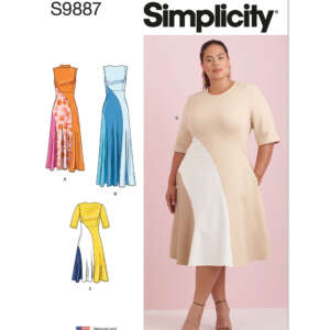 Simplicity sewing pattern S9887 for a dress with multiple design options. The image shows a plus-size model wearing design C, a beige dress with white panels. Illustrations of three other variants (A, B, and D) in different colors and styles are also included.