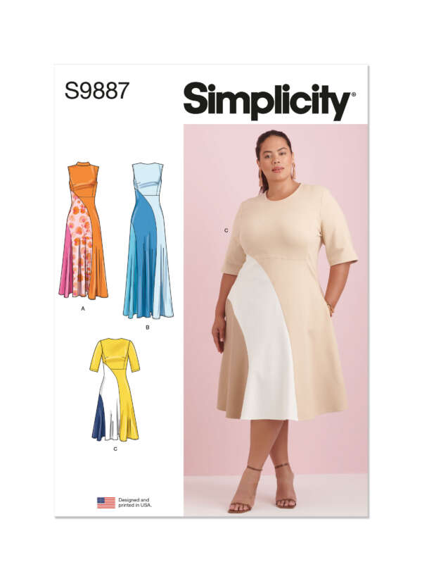 Simplicity sewing pattern S9887 for a dress with multiple design options. The image shows a plus-size model wearing design C, a beige dress with white panels. Illustrations of three other variants (A, B, and D) in different colors and styles are also included.