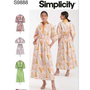 The image displays a Simplicity sewing pattern (S9888) for a women's dress featuring multiple design variations. It showcases a model wearing a mid-length dress with a belt, gathered sleeves, and a collar. Additional design options include different sleeve and collar styles.