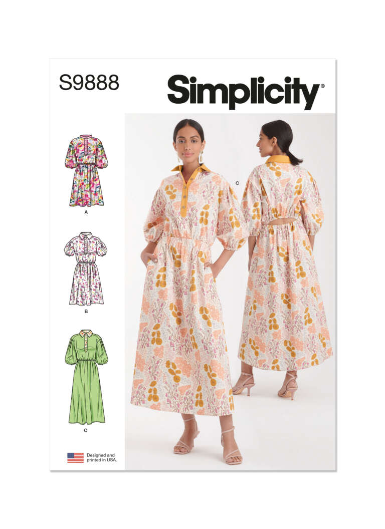 The image displays a Simplicity sewing pattern (S9888) for a women's dress featuring multiple design variations. It showcases a model wearing a mid-length dress with a belt, gathered sleeves, and a collar. Additional design options include different sleeve and collar styles.