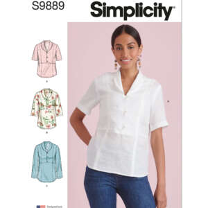 Simplicity sewing pattern cover S9889 features a young woman wearing a white short-sleeve blouse with collar. The pattern offers three blouse style options in different colors and designs. She stands against a light pink background, modeling option A.