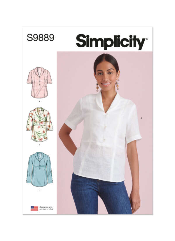 Simplicity sewing pattern cover S9889 features a young woman wearing a white short-sleeve blouse with collar. The pattern offers three blouse style options in different colors and designs. She stands against a light pink background, modeling option A.