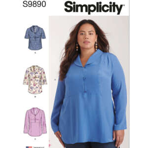 A sewing pattern cover titled "Simplicity S9890" shows a plus-size woman wearing a stylish blue long-sleeve blouse with a collar and buttons. The pattern includes three additional blouse designs labeled A, B, and C, each featuring variations in collar and fabric.